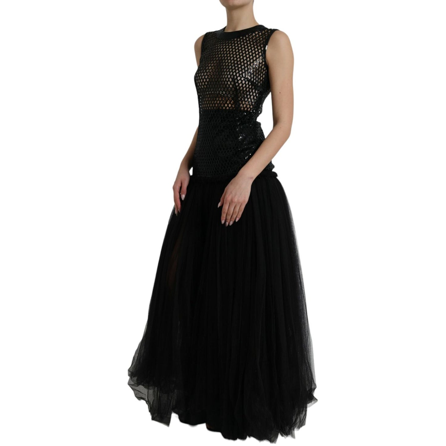 Dolce & Gabbana Black Sequined Sleeveless Mesh Layered Gown Dress