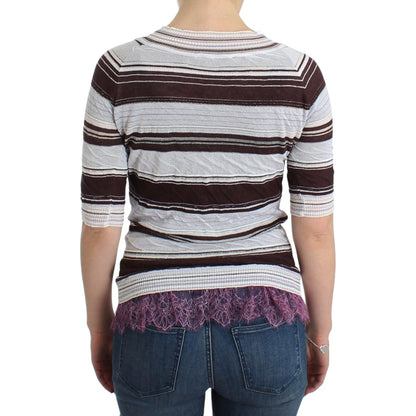 Ermanno Scervino Striped Lace V-Neck Short Sleeve Top Sweater