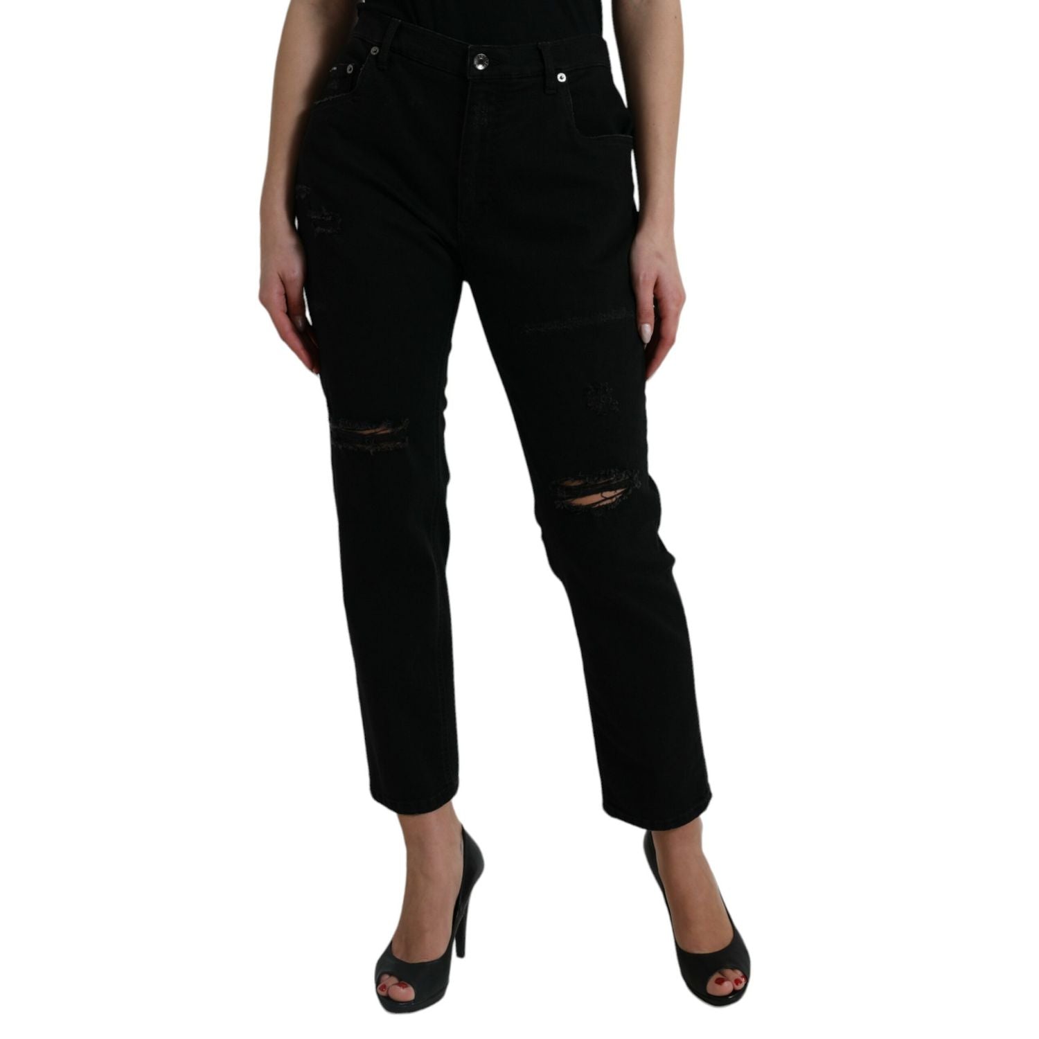 Dolce & Gabbana Black Cotton High Waist Tattered Denim Jeans