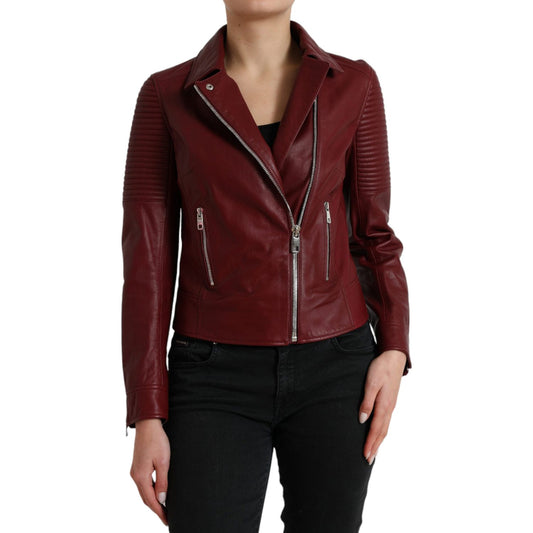 Dolce & Gabbana Bordeaux Leather Biker Coat Lambskin Jacket JKT3713-40