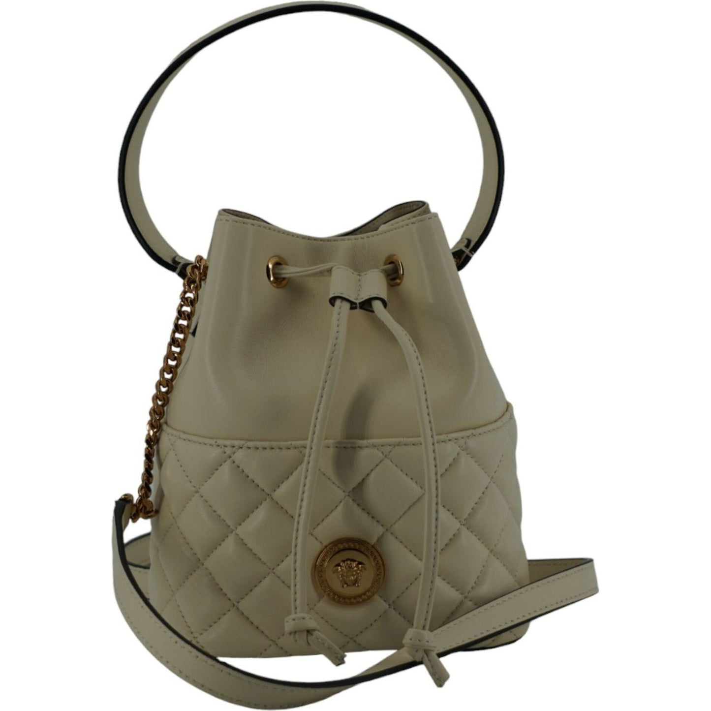 Versace Elegant Small White Leather Bucket Shoulder Bag