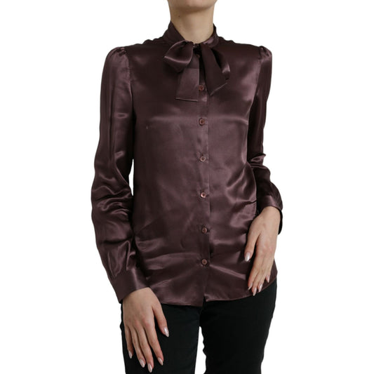 Dolce & Gabbana Brown Silk Ascot Collar Long Sleeve Blouse Top