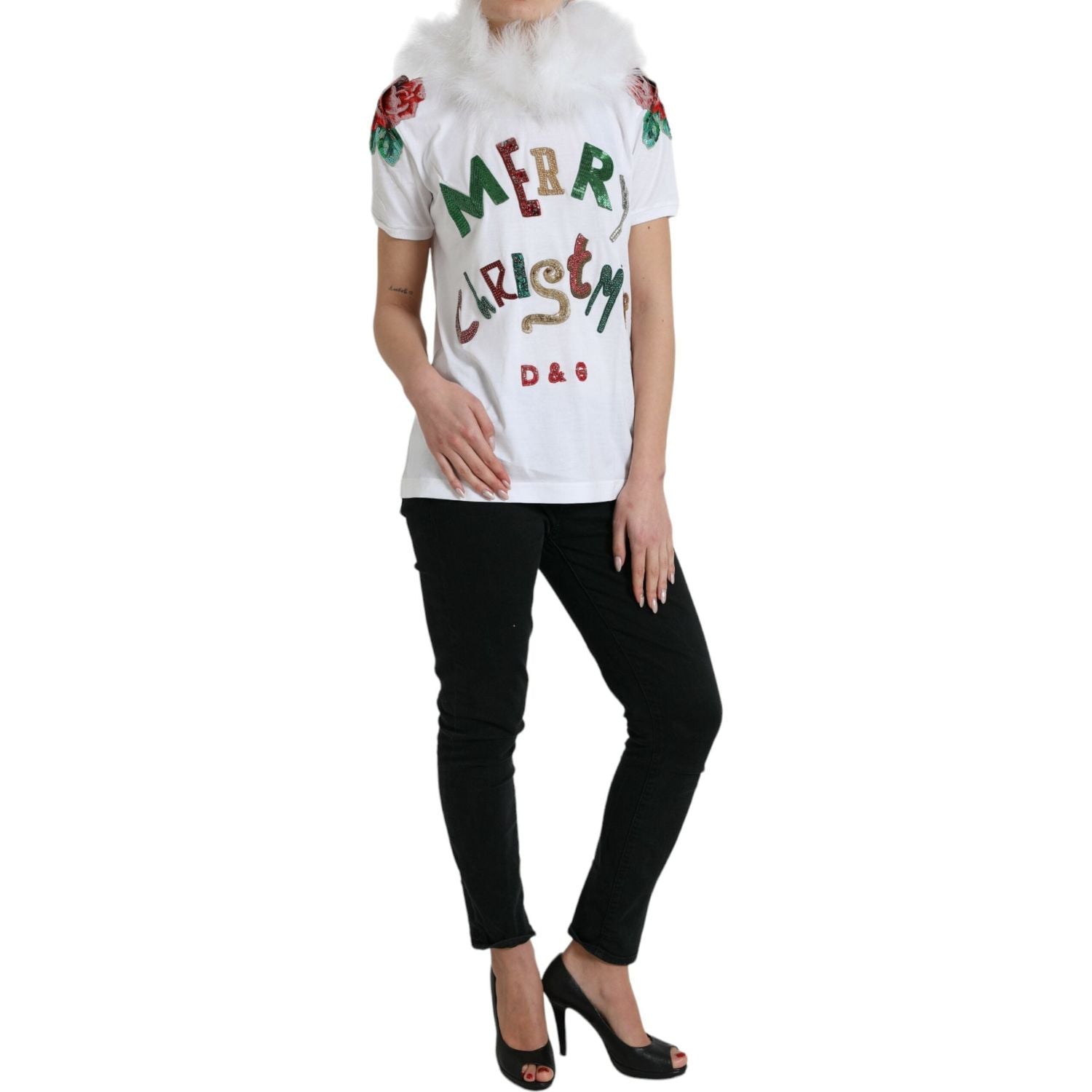 Dolce & Gabbana White Cotton Christmas Sequin Fur T-shirt