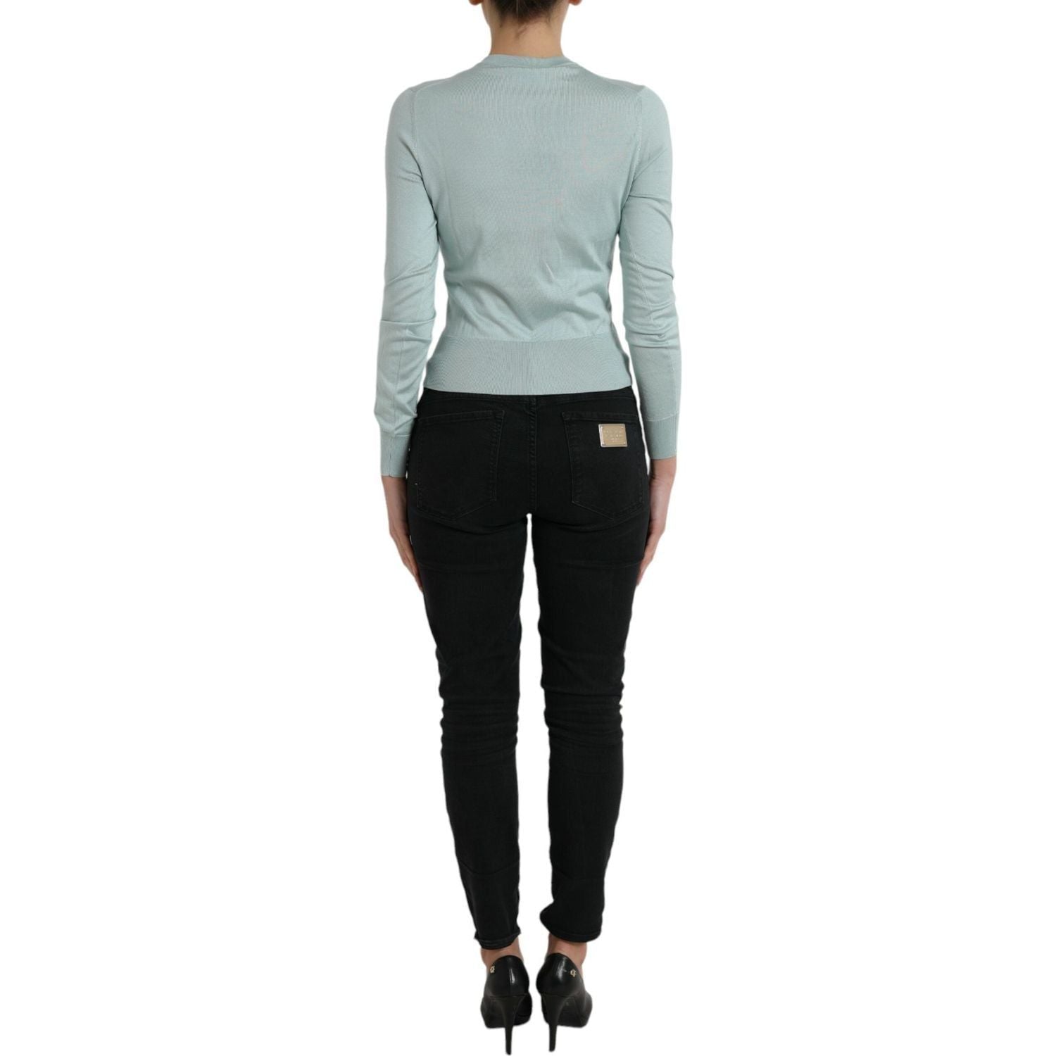 Dolce & Gabbana Light Blue Silk Crew Neck Cardigan Sweater