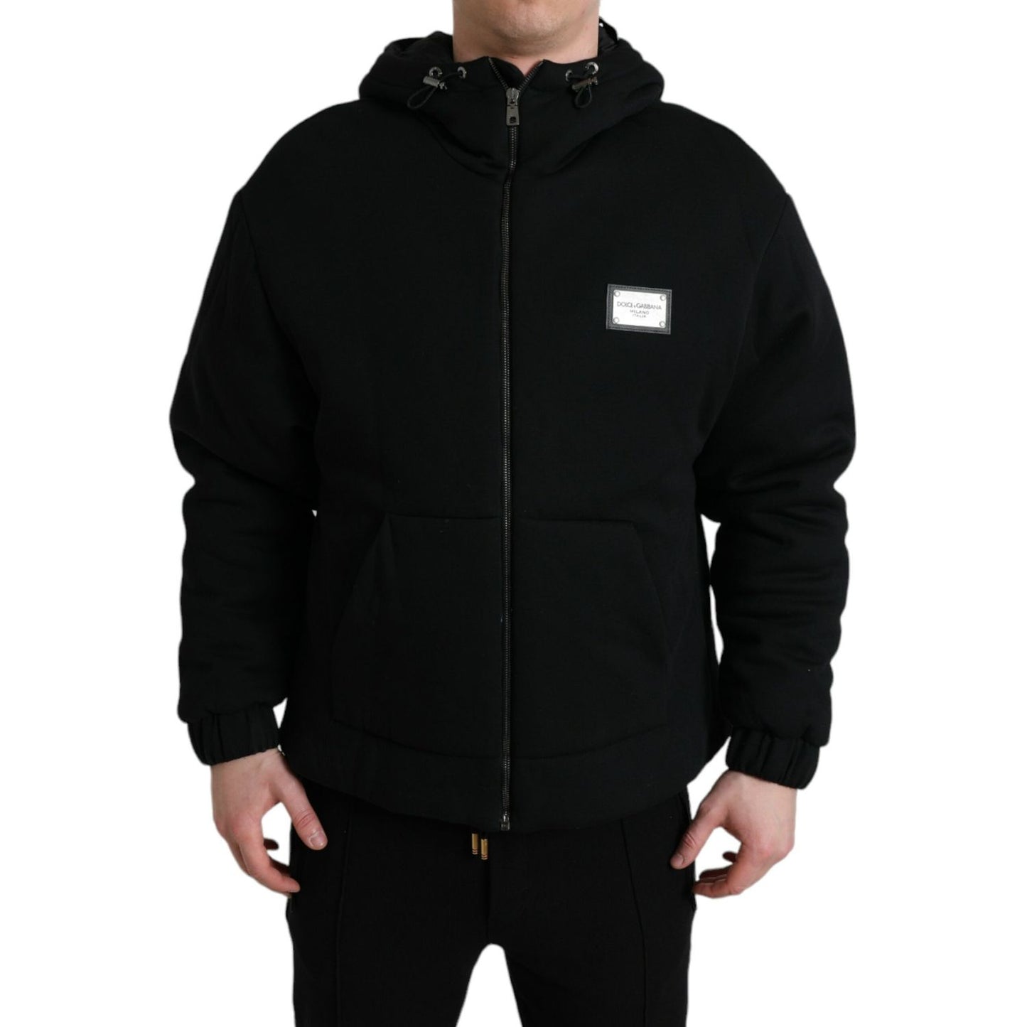 Dolce & Gabbana Black Cotton Hooded Logo Bomber Jacket