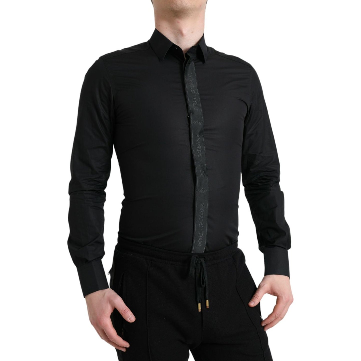 Dolce & Gabbana Black Cotton Logo Formal GOLD Dress Shirt Dolce & Gabbana
