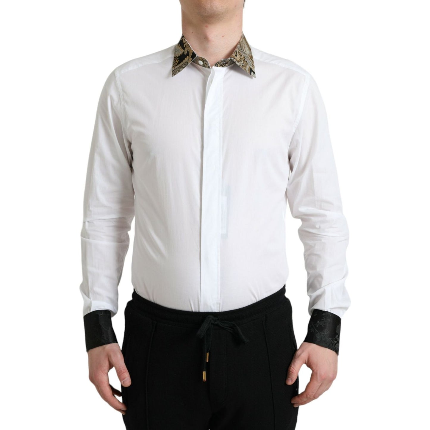 Dolce & Gabbana White Cotton Jacquard Formal GOLD Dress Shirt Dolce & Gabbana