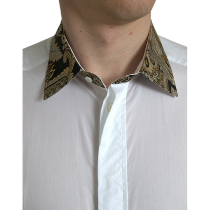 Dolce & Gabbana White Cotton Jacquard Formal GOLD Dress Shirt Dolce & Gabbana