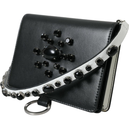 Dolce & Gabbana Black White Leather Crystal Embellished Cardholder Wallet