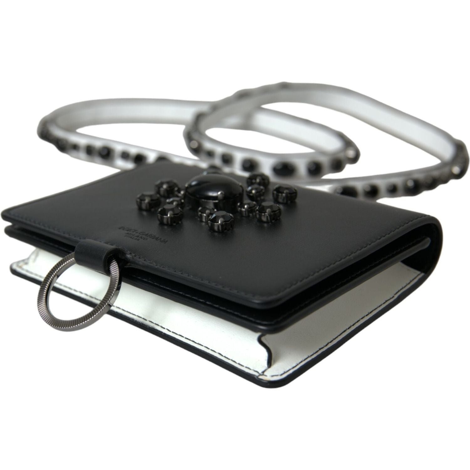 Dolce & Gabbana Black White Leather Crystal Embellished Cardholder Wallet