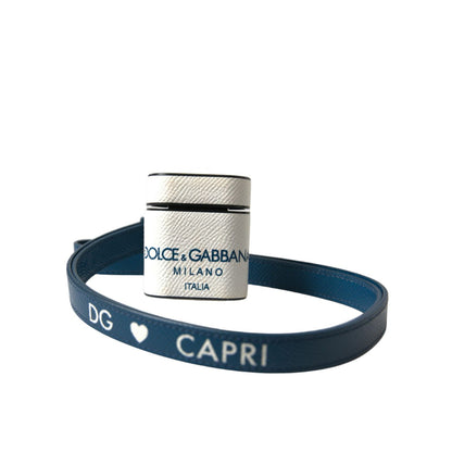 Dolce & Gabbana White Blue Calf Leather Logo Print Strap Airpods Case