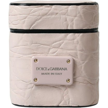 Dolce & Gabbana Light Pink Calf Leather Metal Logo Plaque Airpods Case