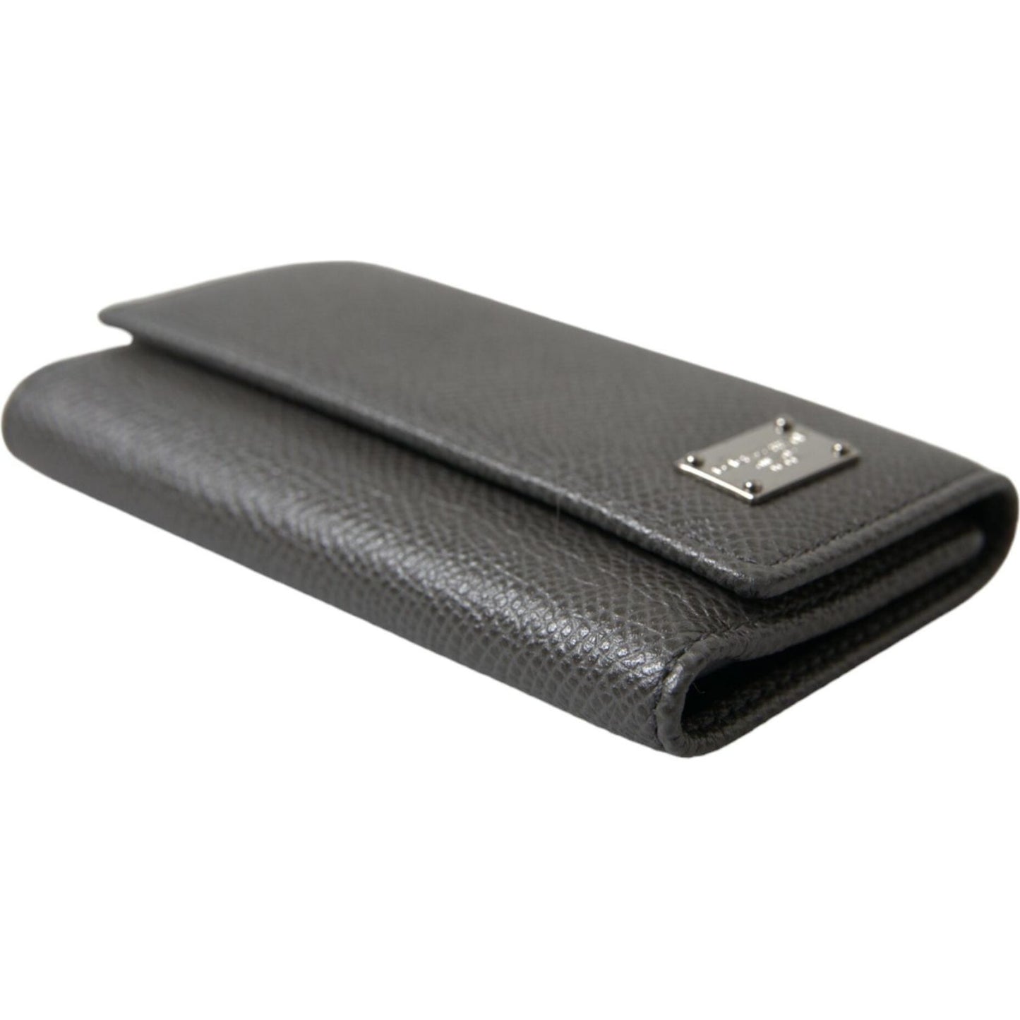 Dolce & Gabbana Gray Leather Silver Metal Logo Plaque Trifold Keyring SMY101305