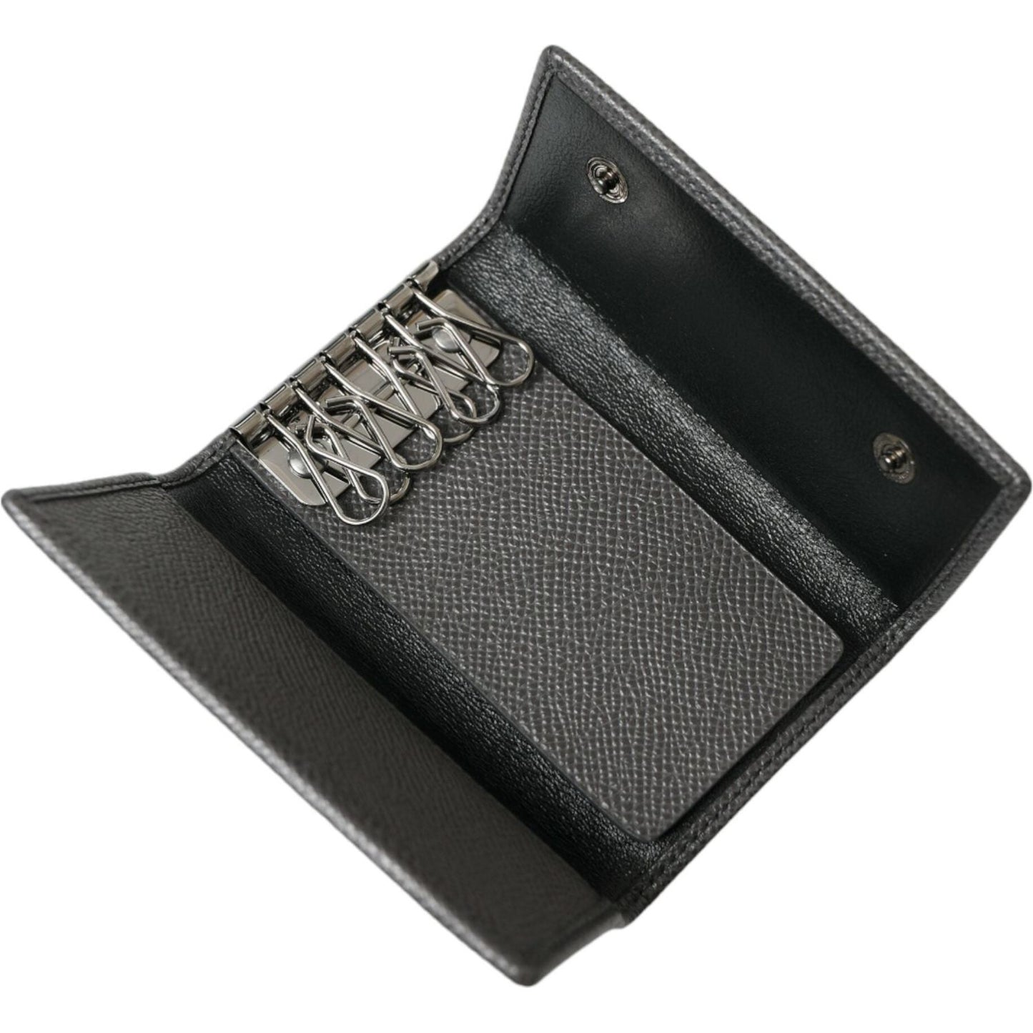 Dolce & Gabbana Gray Leather Silver Metal Logo Plaque Trifold Keyring SMY101305