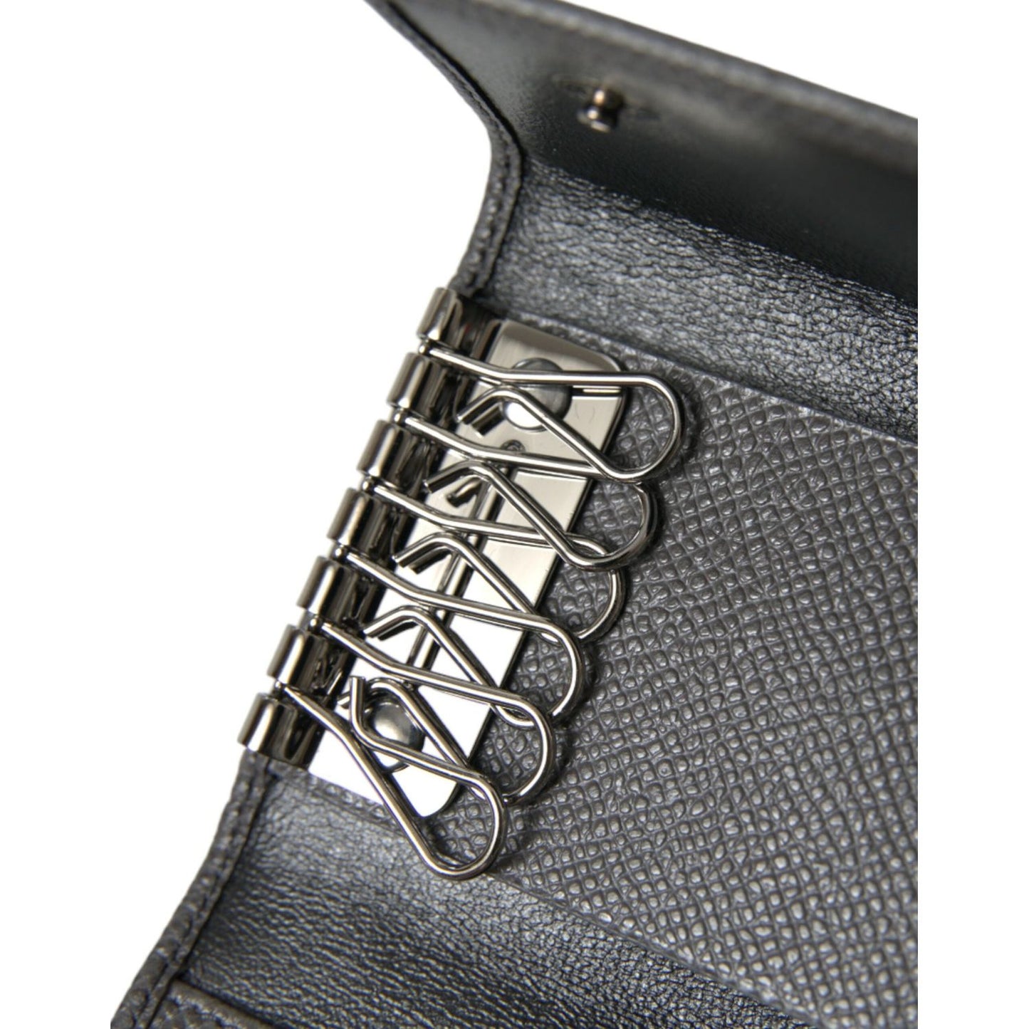 Dolce & Gabbana Gray Leather Silver Metal Logo Plaque Trifold Keyring SMY101305