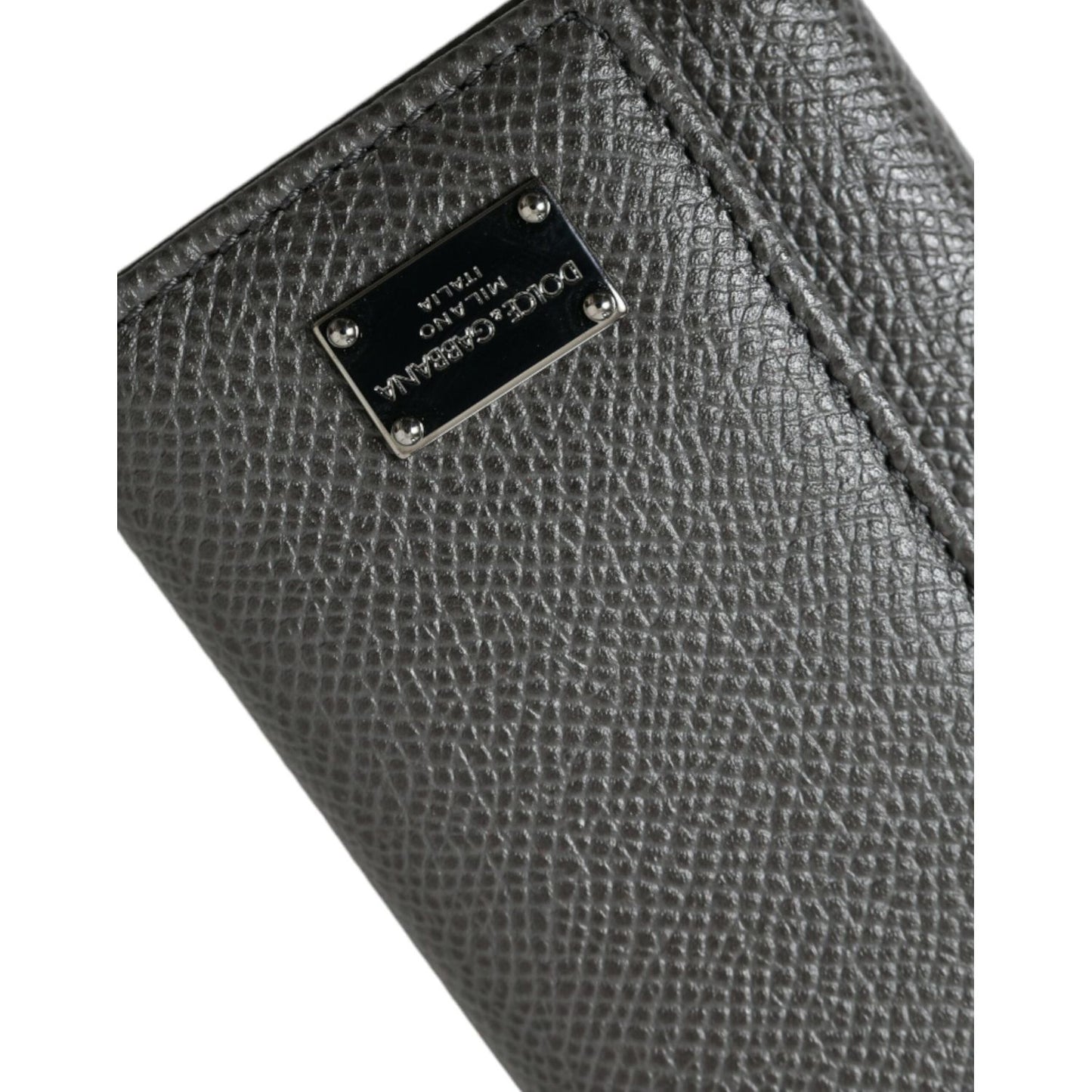 Dolce & Gabbana Gray Leather Silver Metal Logo Plaque Trifold Keyring SMY101305