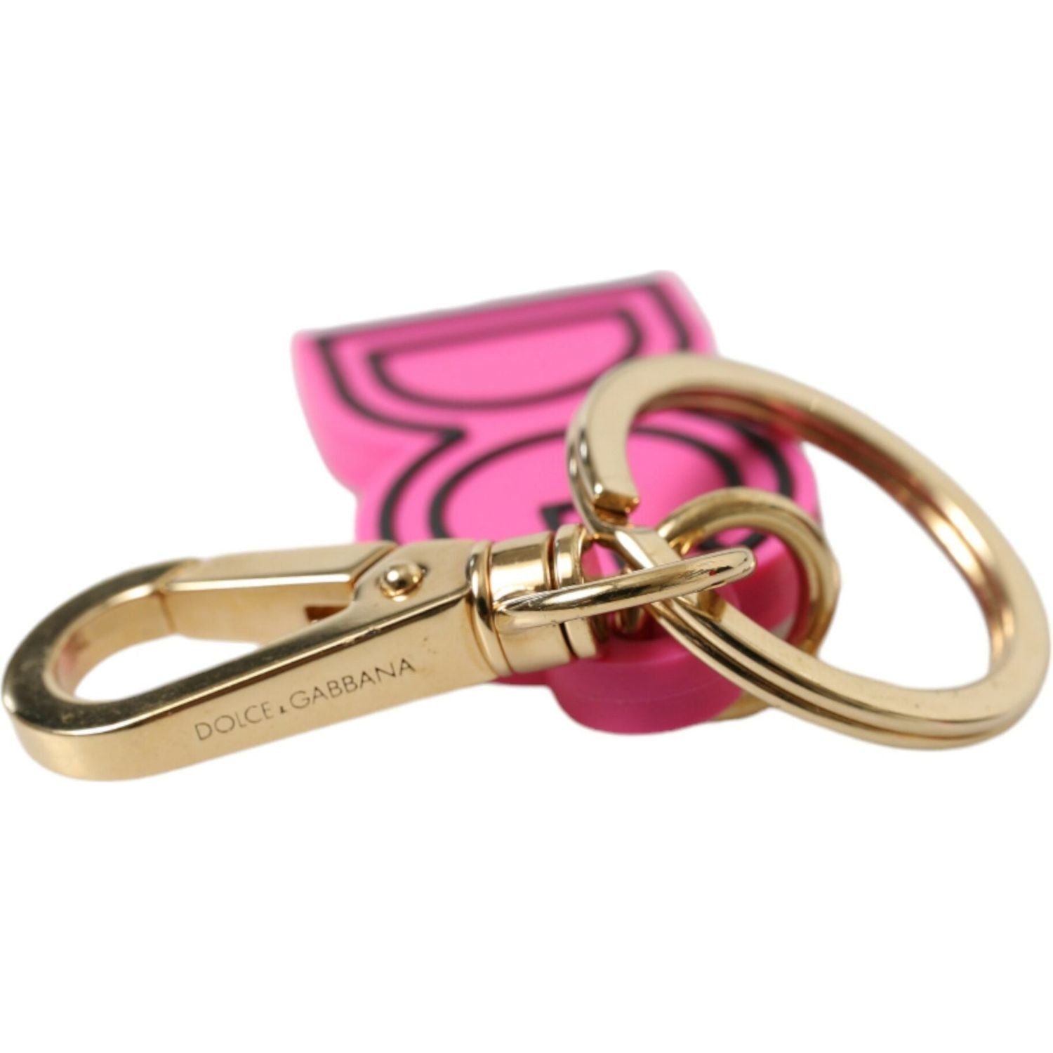 Dolce & Gabbana Pink Rubber Gold Tone Metal DG Logo Keyring Keychain