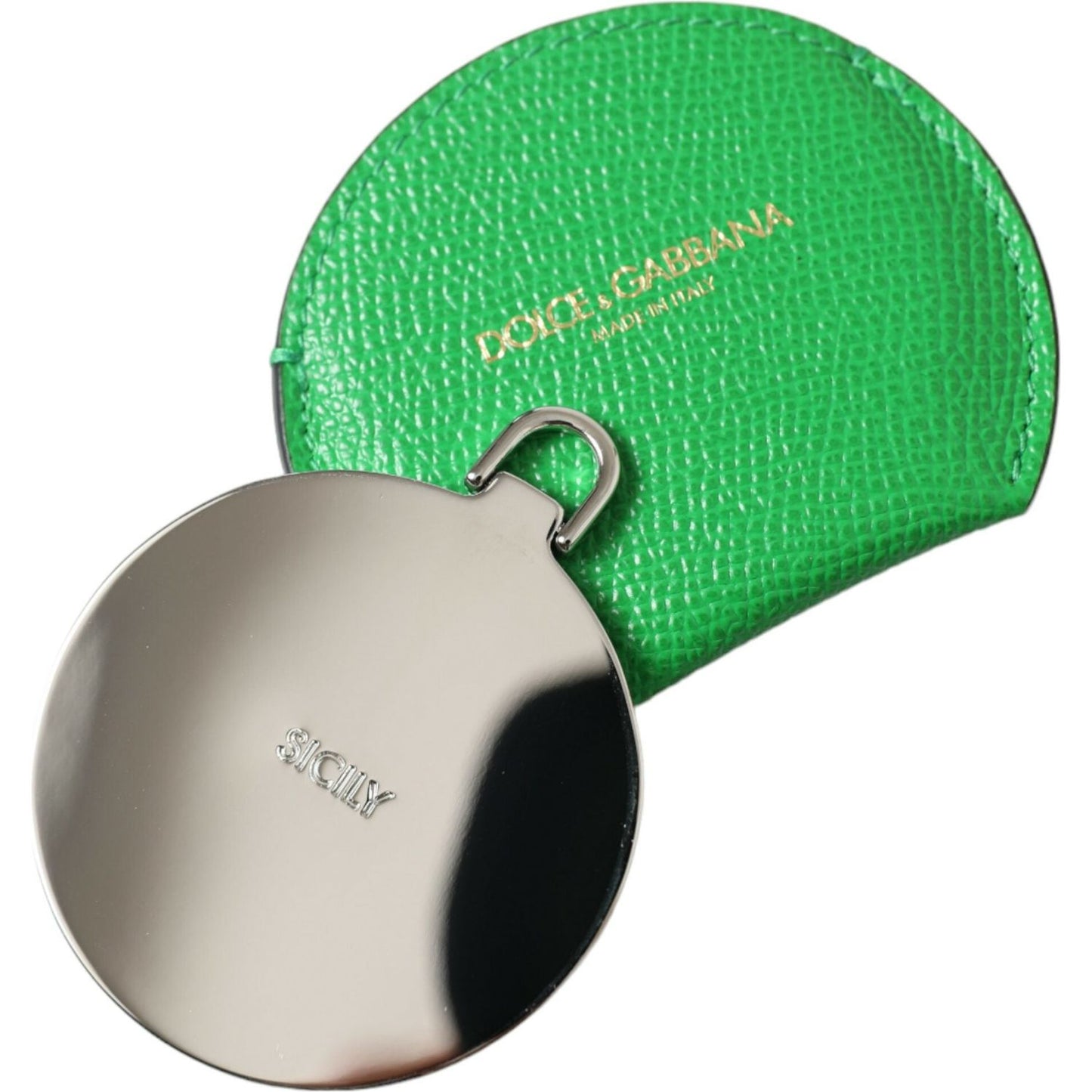 Dolce & Gabbana Green Calfskin Leather Round Logo Hand Mirror Holder