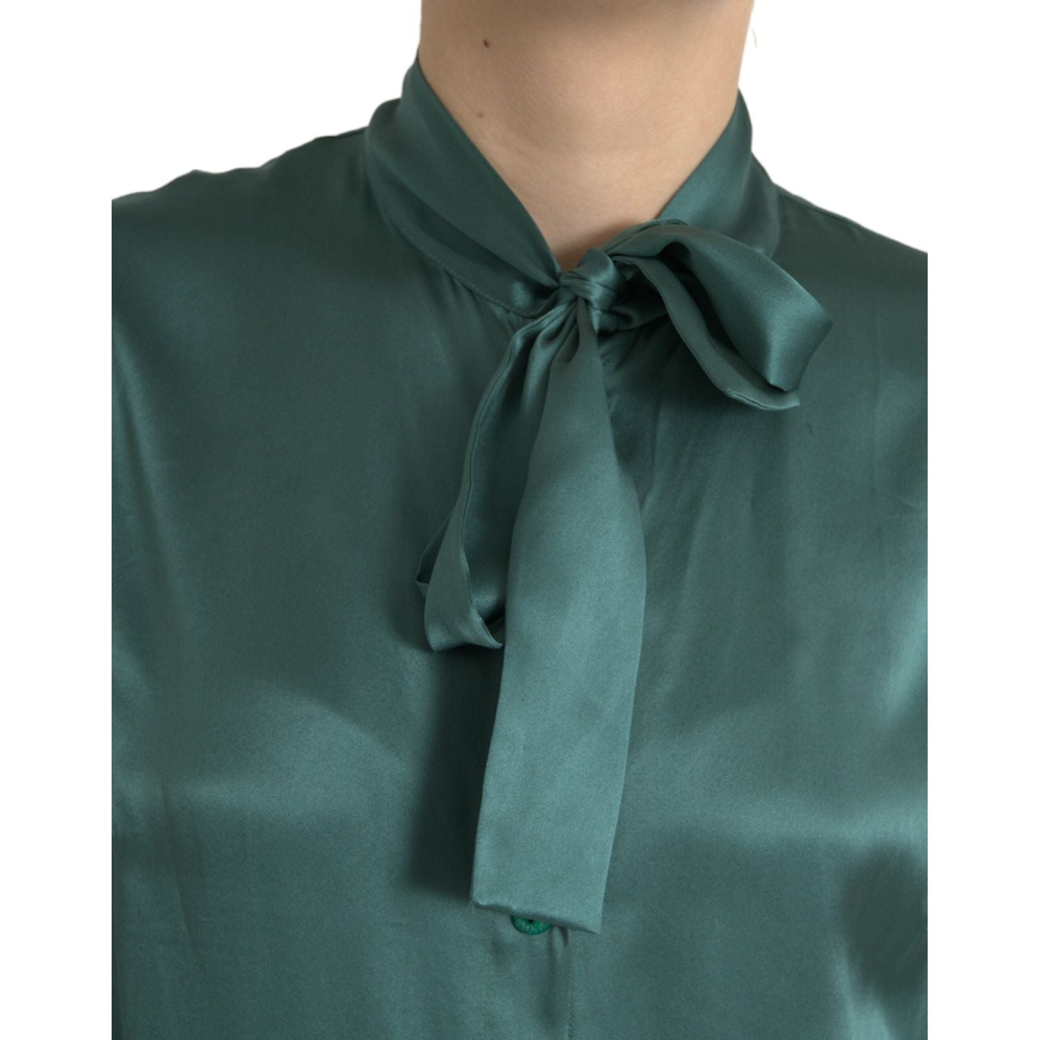 Dolce & Gabbana Dark Green Silk Ascot Collar Blouse Top