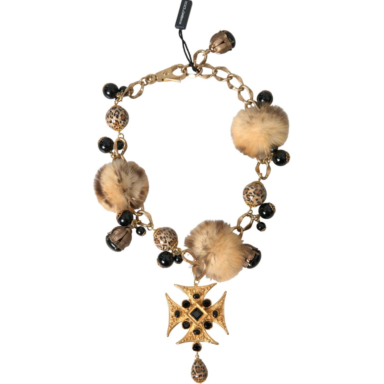 Dolce & Gabbana Gold Black Crystals Lapin Fur Filigree Chocker Necklace