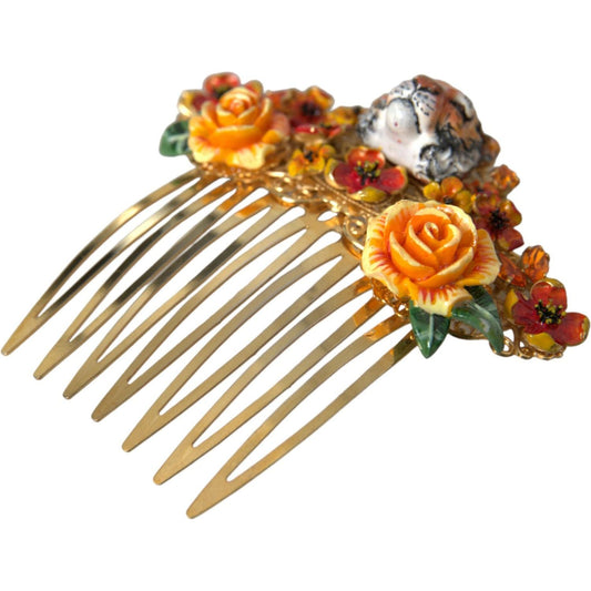 Dolce & Gabbana Gold Brass Crystal Leopard Floral Hair Comb