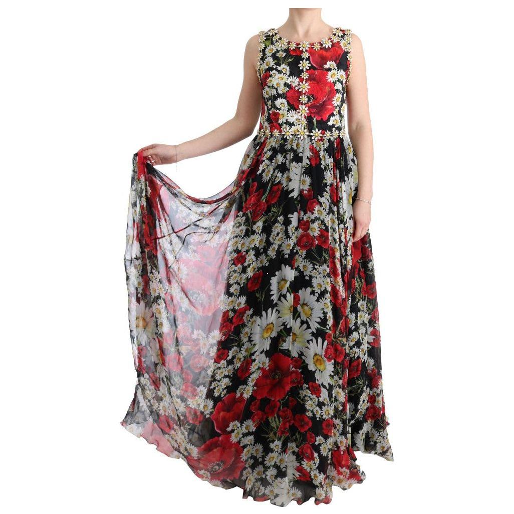 Dolce & Gabbana Multicolor Silk Floral Crystal Long Maxi Dress
