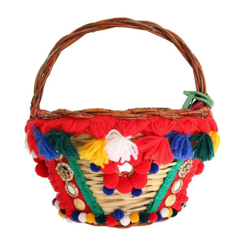 Dolce & Gabbana Multicolor AGNESE Straw Crystal  Pom Pom Bag