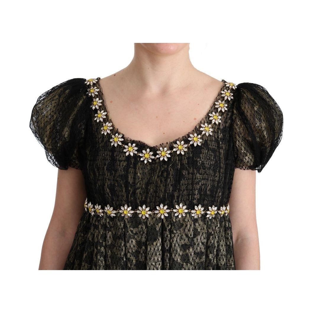 Dolce & Gabbana Black Yellow Crystal Lace Shift Dress