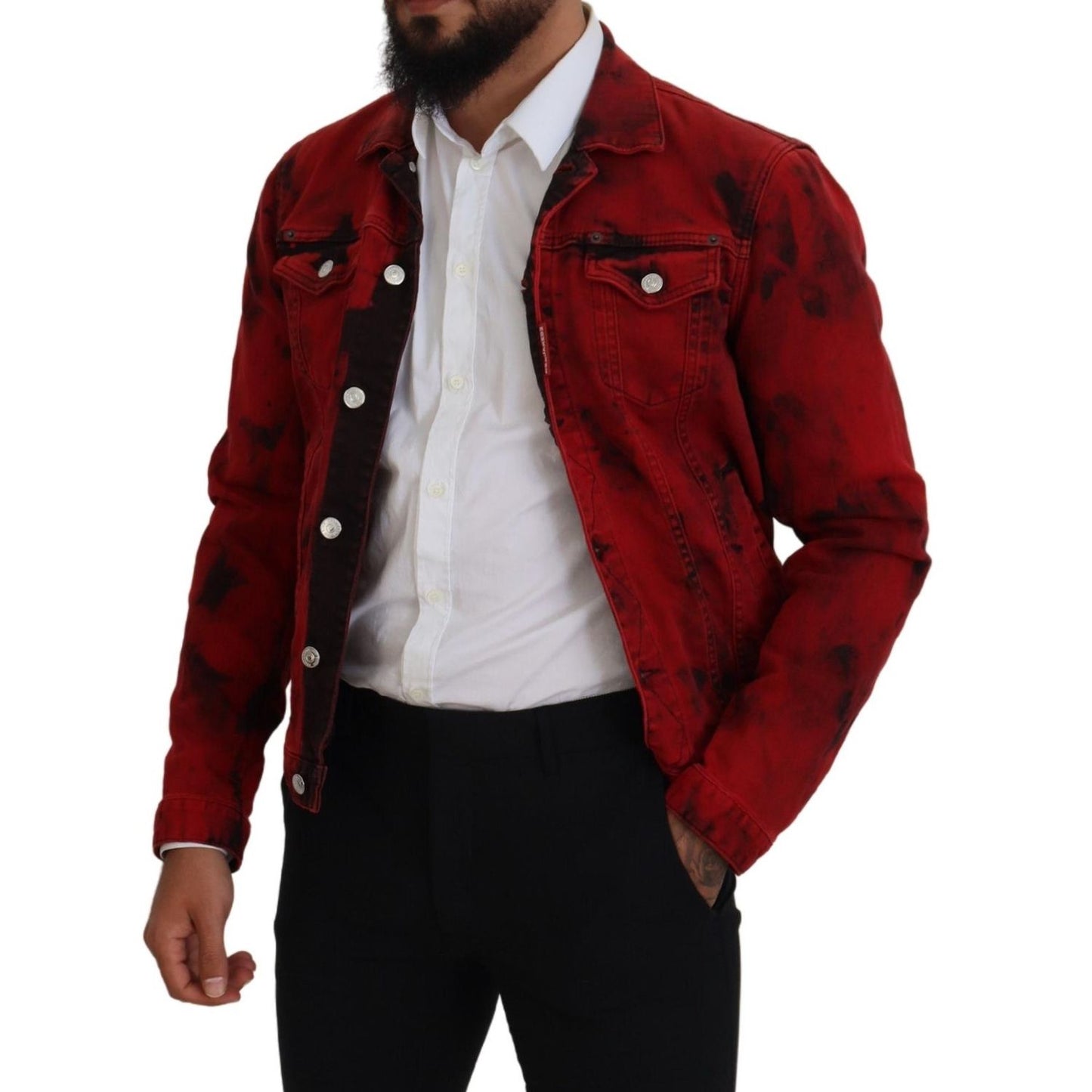 Dsquared² Red Black Tie Dye Collared Men Denim Jacket