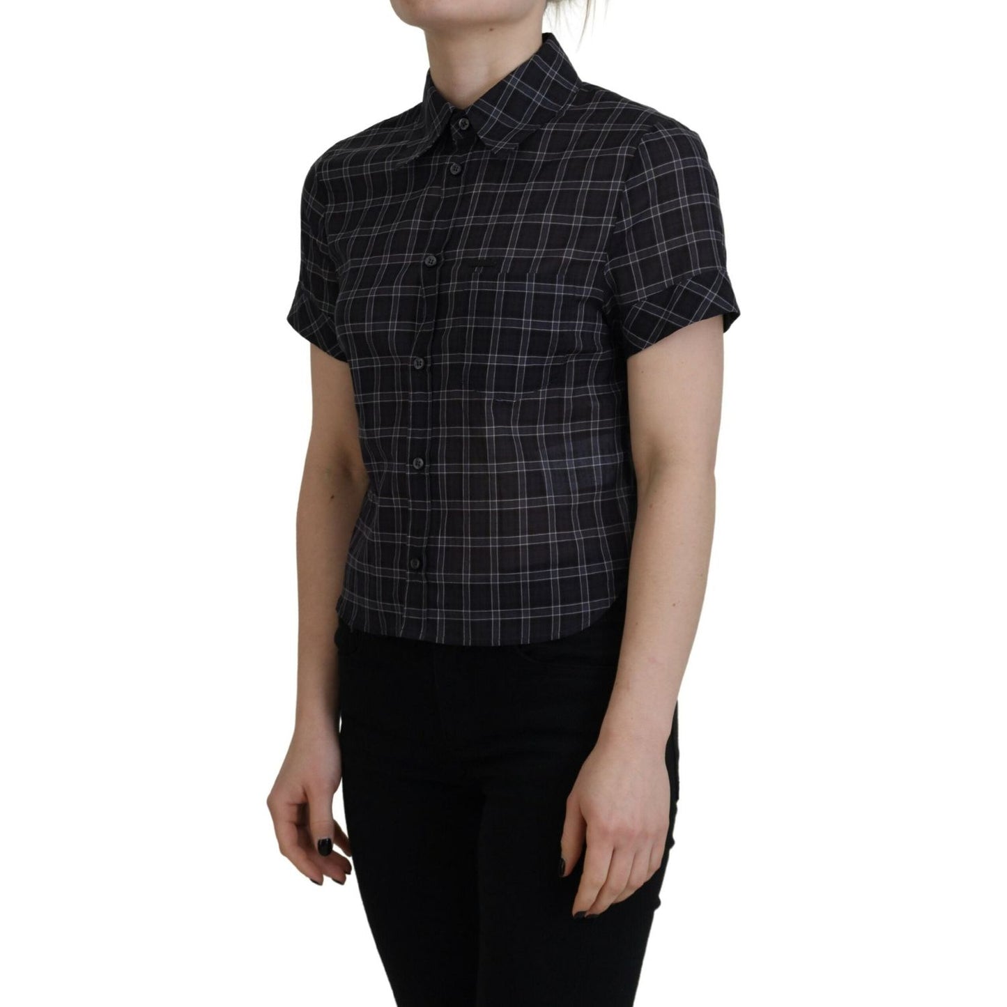 Dsquared² Black Checkered Collared Button Short Sleeves Top