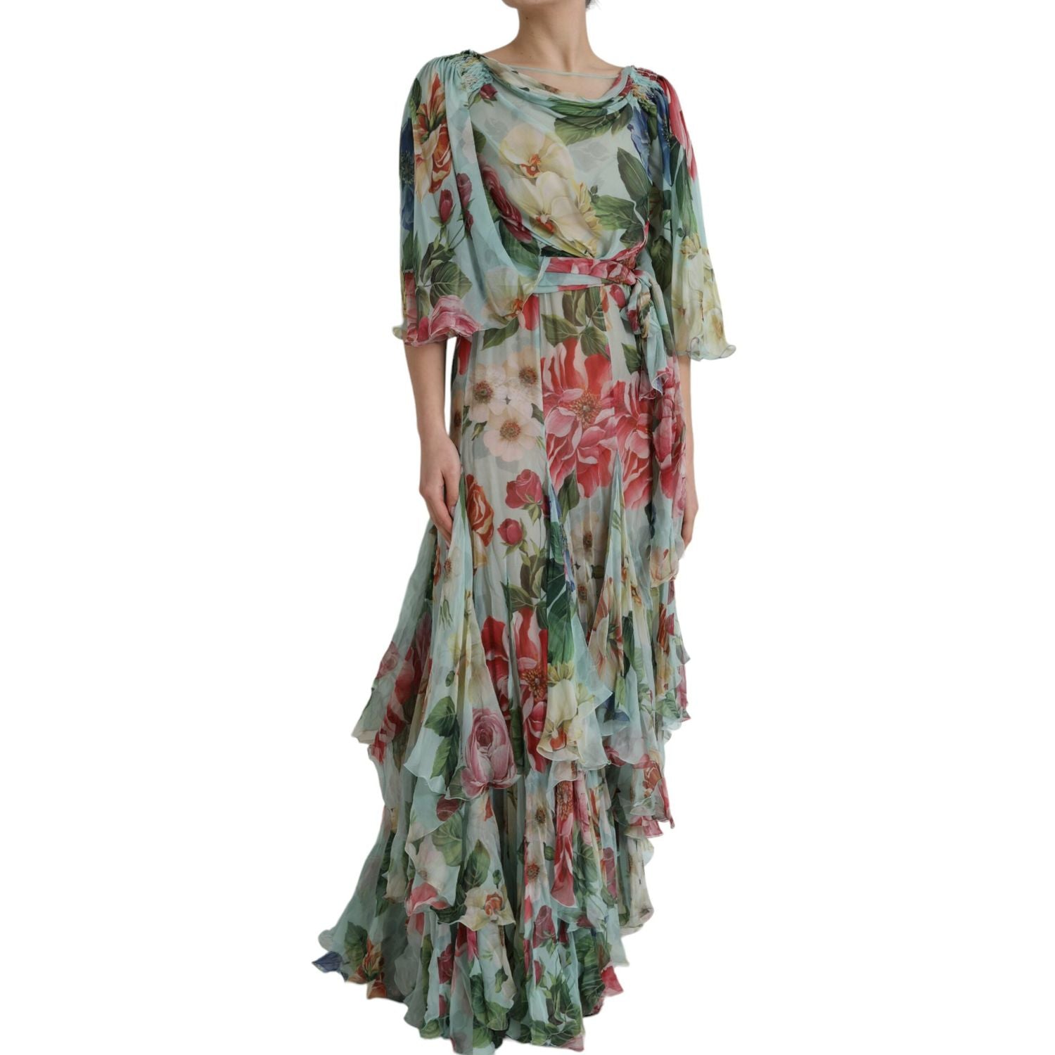 Dolce & Gabbana Blue Floral Print Tiered Long Maxi Dress