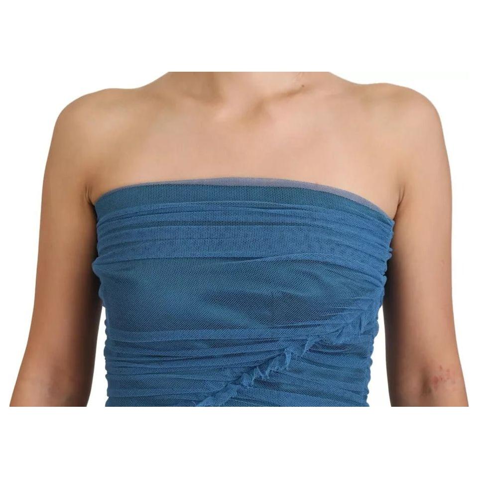 Dolce & Gabbana Blue Mesh Trim Ruched Tulle Sheath Dress DR28873-40