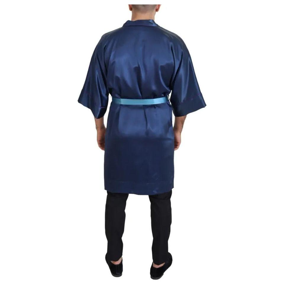 Dolce & Gabbana Blue Satin Silk Waist Belt Robe Jacket JKT3458-48