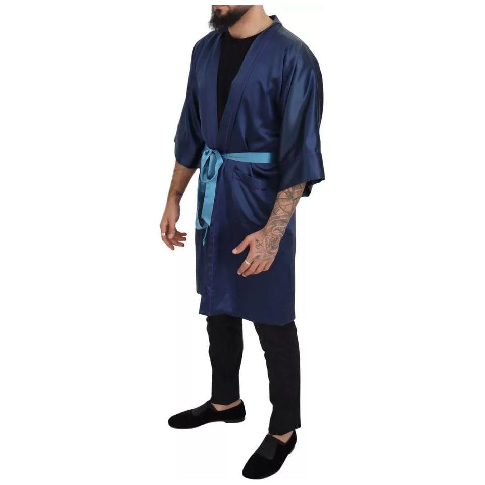Dolce & Gabbana Blue Satin Silk Waist Belt Robe Jacket JKT3458-48