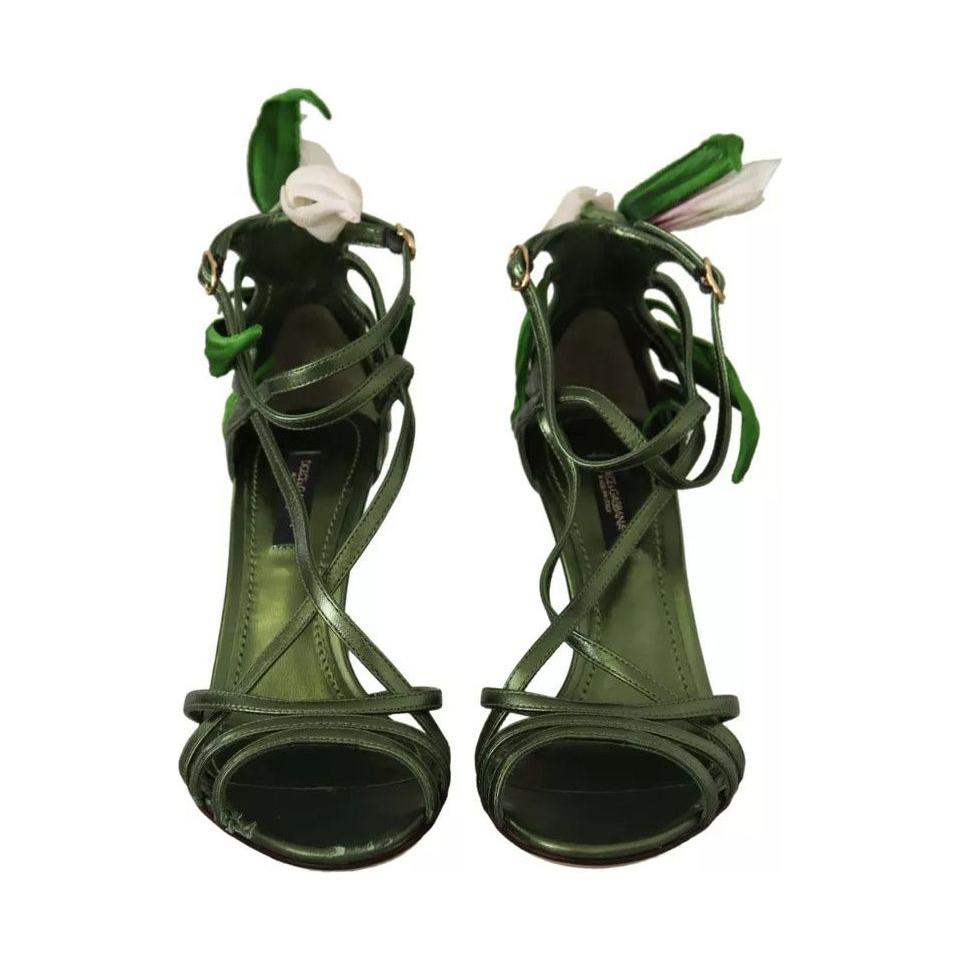 Dolce & Gabbana Acid Green Leather Strappy Flower Heels Sandals Shoes LA9701-35