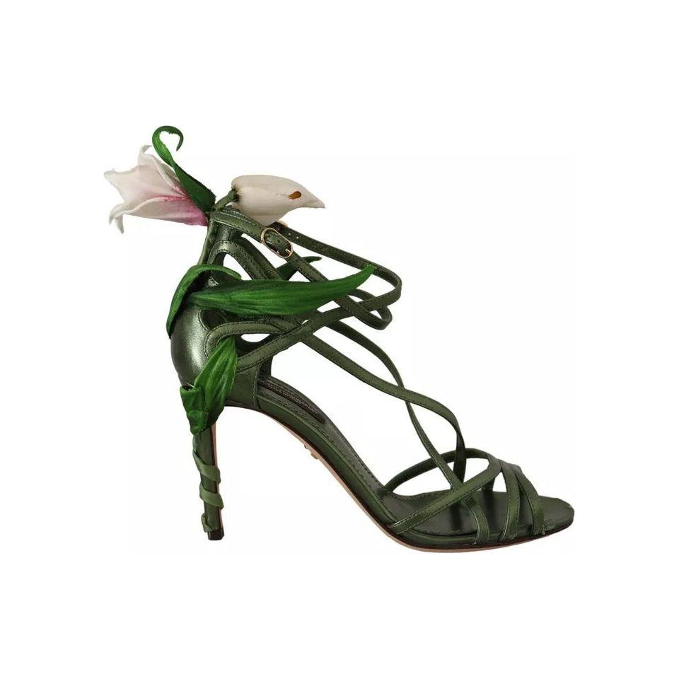 Dolce & Gabbana Acid Green Leather Strappy Flower Heels Sandals Shoes LA9701-35