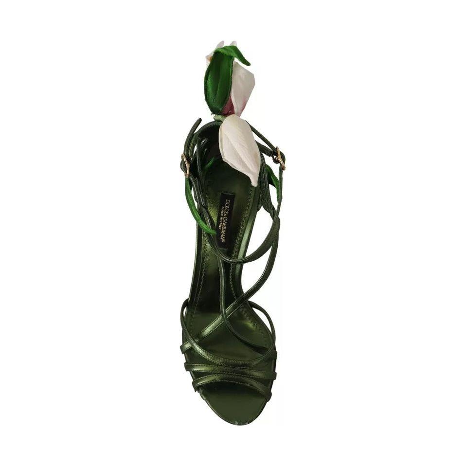 Dolce & Gabbana Acid Green Leather Strappy Flower Heels Sandals Shoes LA9701-35