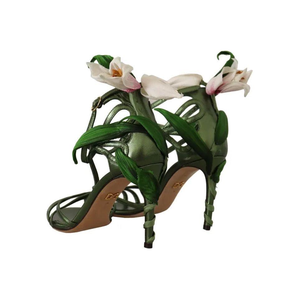 Dolce & Gabbana Acid Green Leather Strappy Flower Heels Sandals Shoes LA9701-35