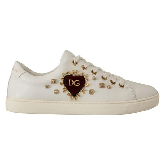 Dolce & Gabbana White Leather Gold Red Heart Sneakers Shoes LA9896-35