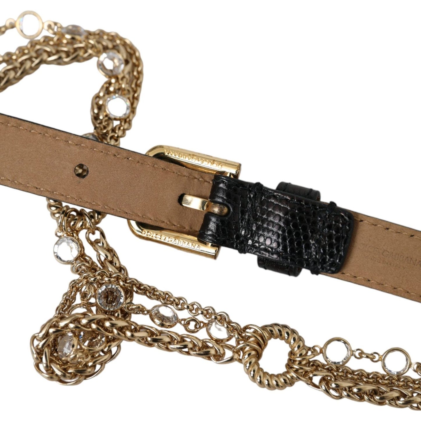 Dolce & Gabbana Black Leather Gold Chain Crystal Waist Women Belt