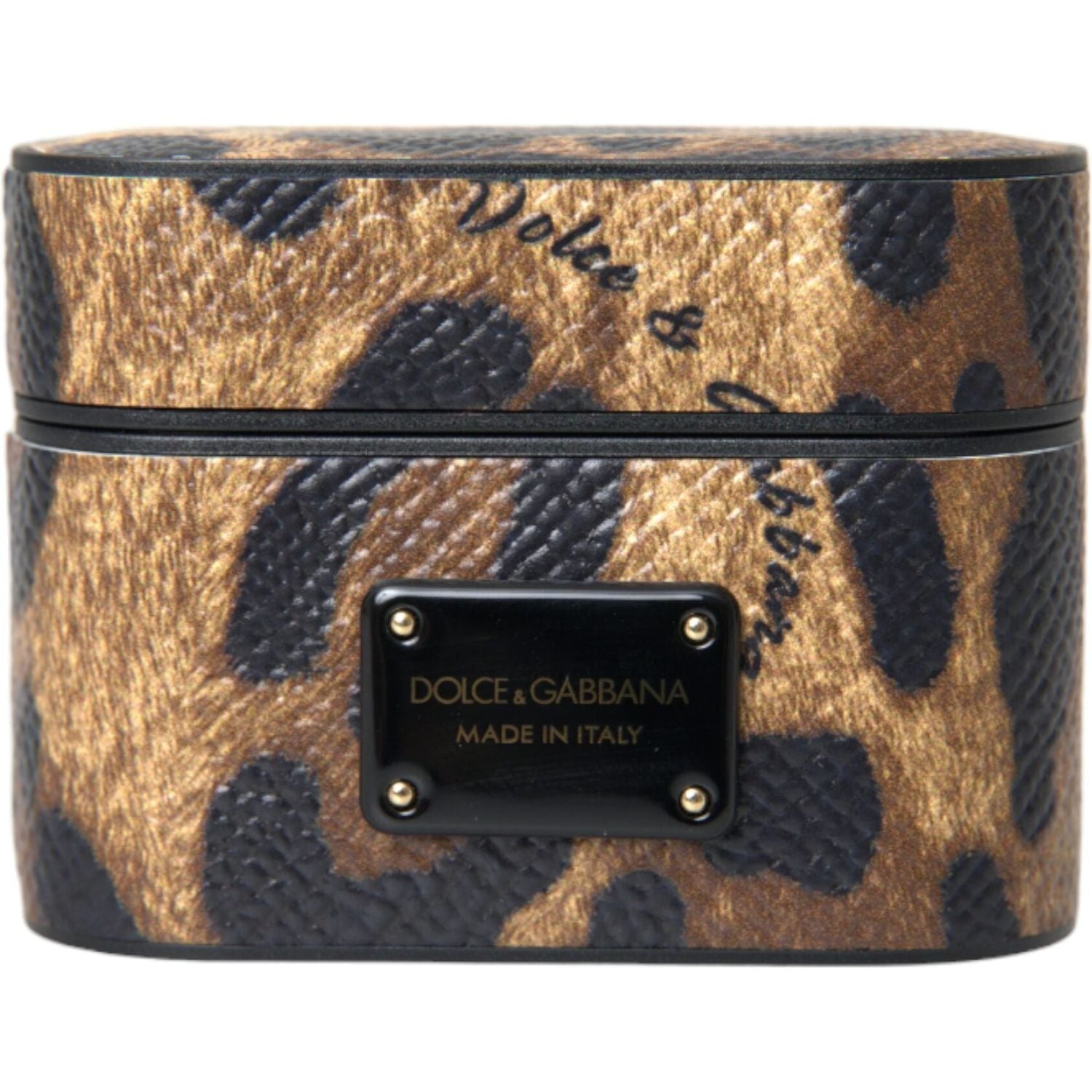 Dolce & Gabbana Brown Leopard Calf Leather Metal Logo Plaque Airpods Case