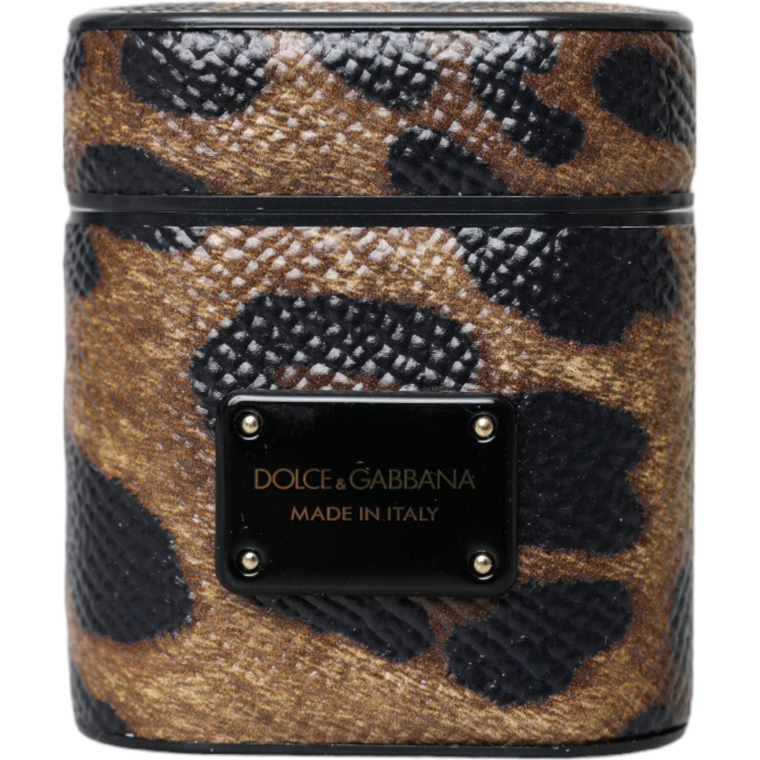 Dolce & Gabbana Brown Leopard Calf Leather Metal Logo Plaque Airpods Case