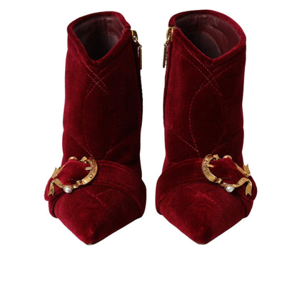 Dolce & Gabbana Dark Red Velvet Devotion Buckle Boots Shoes