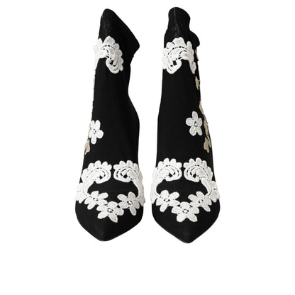 Dolce & Gabbana Black White Embroidery Slip On Boots Shoes