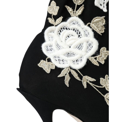 Dolce & Gabbana Black White Embroidery Slip On Boots Shoes