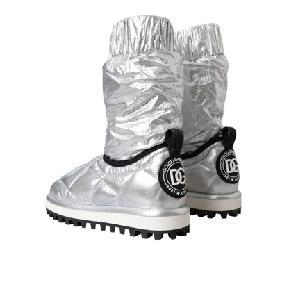 Dolce & Gabbana Metallic Silver Quilted Logo Patch Boot Shoes