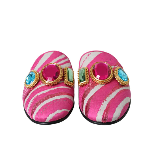 Dolce & Gabbana Pink Jacquard Crystal Mule Flat Sandals Shoes LA11172-38