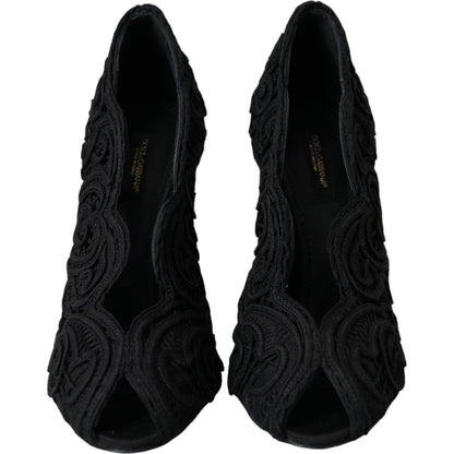 Dolce & Gabbana Black Cordonetto Ricamo Pump Open Toe Shoes Dolce & Gabbana