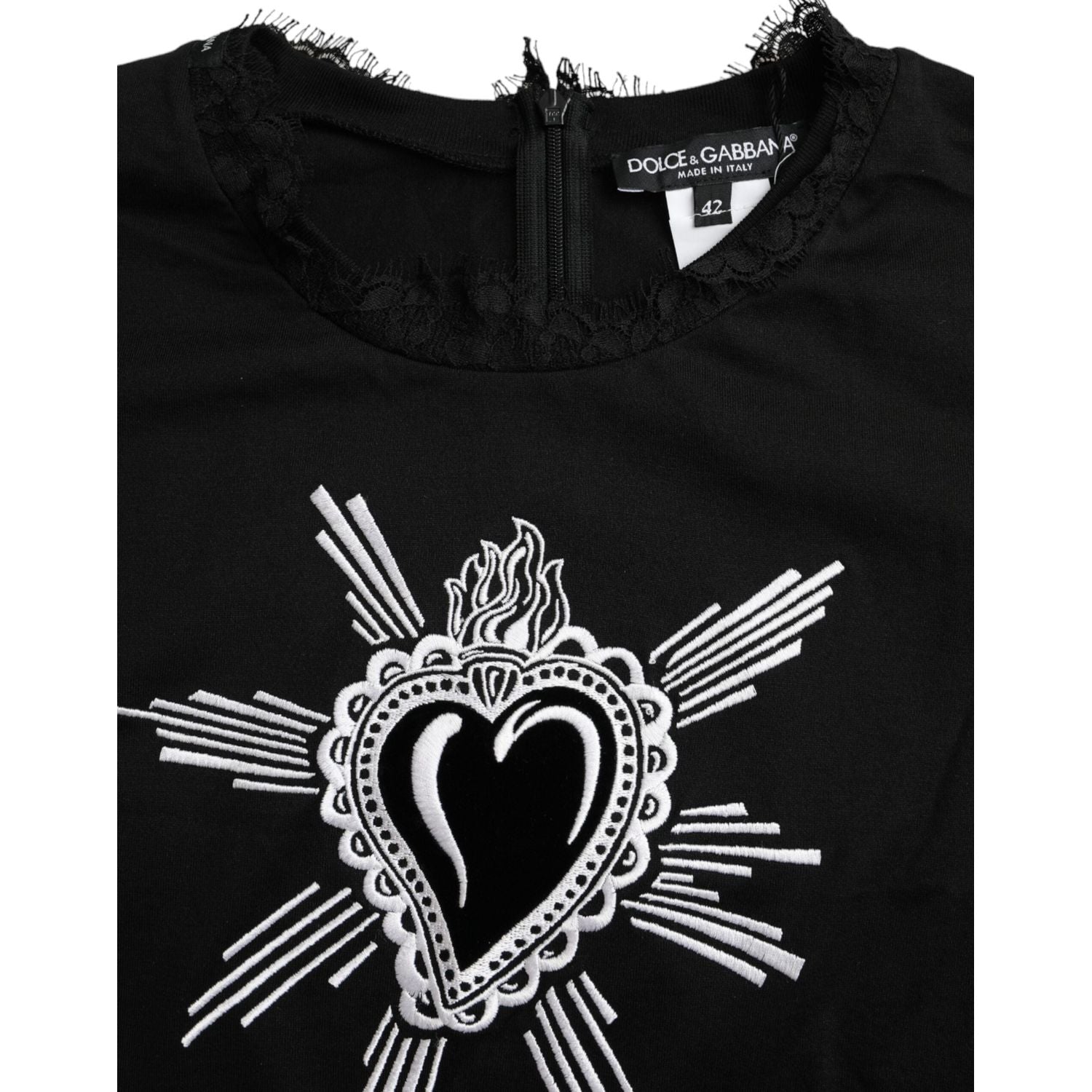 Dolce & Gabbana Black Sacred Heart Print Cotton Lace T-shirt