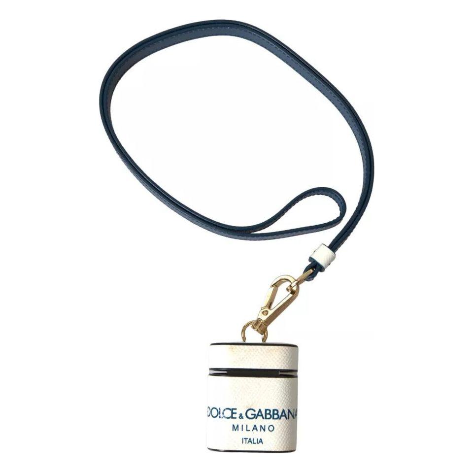 Dolce & Gabbana White Blue Calf Leather Logo Print Strap Airpods Case